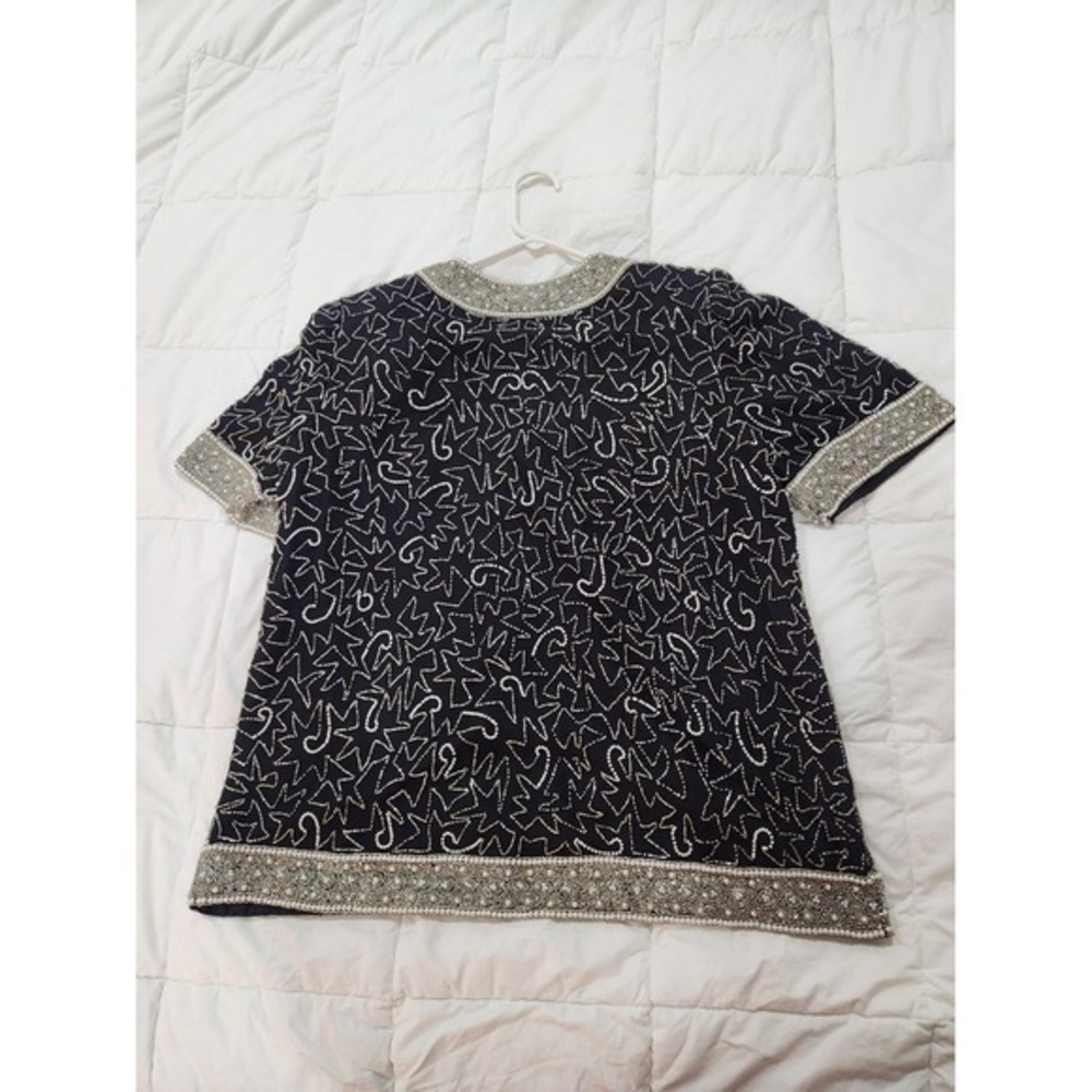 Laurence Kazar Beaded Pearls Evening Top 100% Silk Black White Size XL Tunic Vtg - Picture 2 of 11